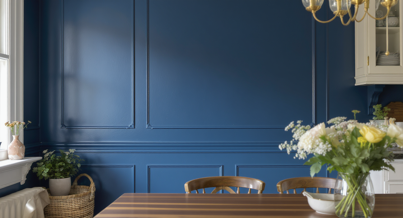 Close-up of a kitchen wall in navy blue, with antique white cabinets and soft ambient light.