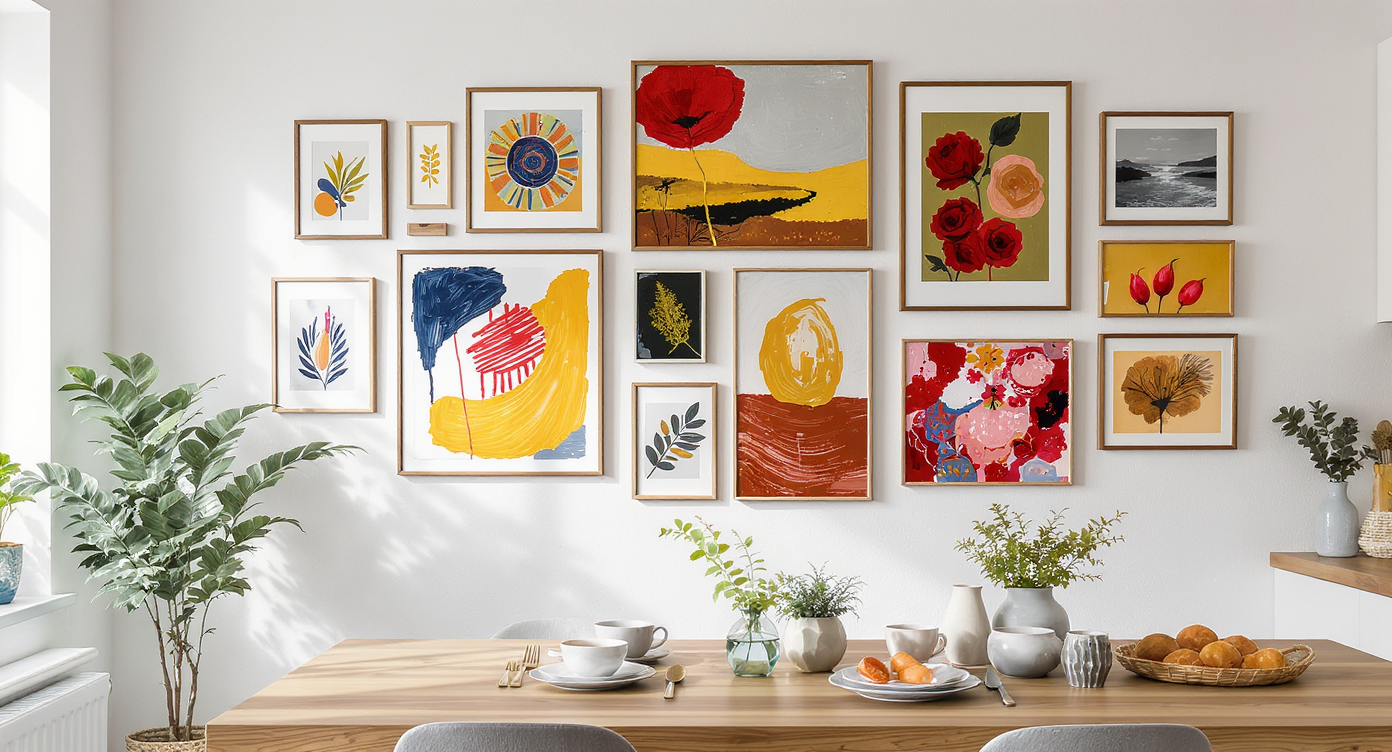 A kitchen wall adorned with colorful artwork, enhancing the connection between spaces.