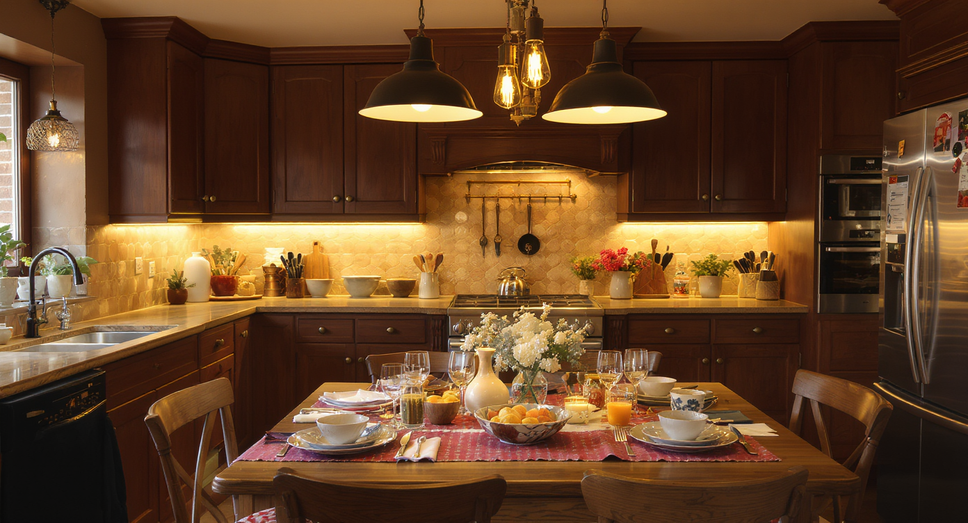 A Victorian kitchen featuring layered lighting, creating a warm and cozy dining experience.