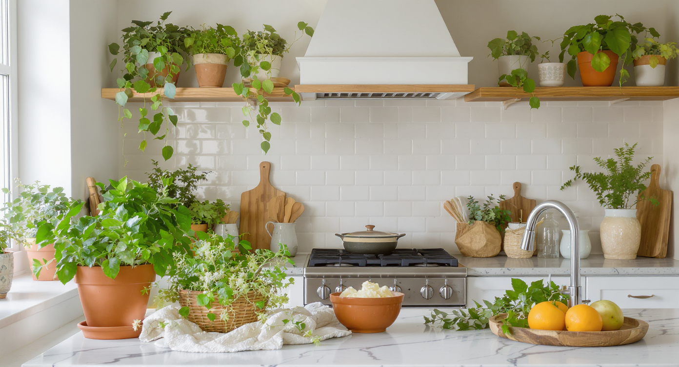 A kitchen adorned with plants in terracotta pots, adding a refreshing touch of greenery.