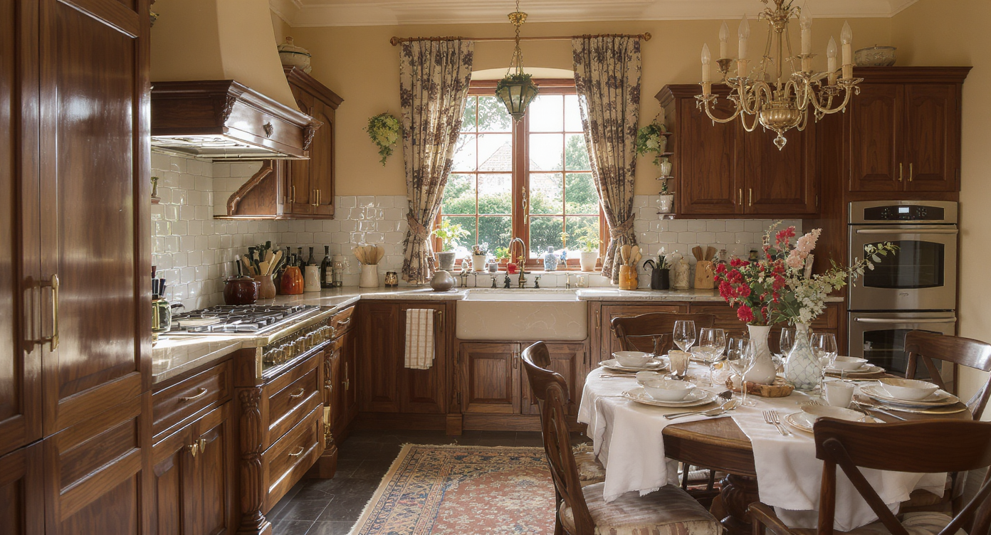 A welcoming Victorian kitchen with warm colors and inviting seating, blending vintage and modern design.