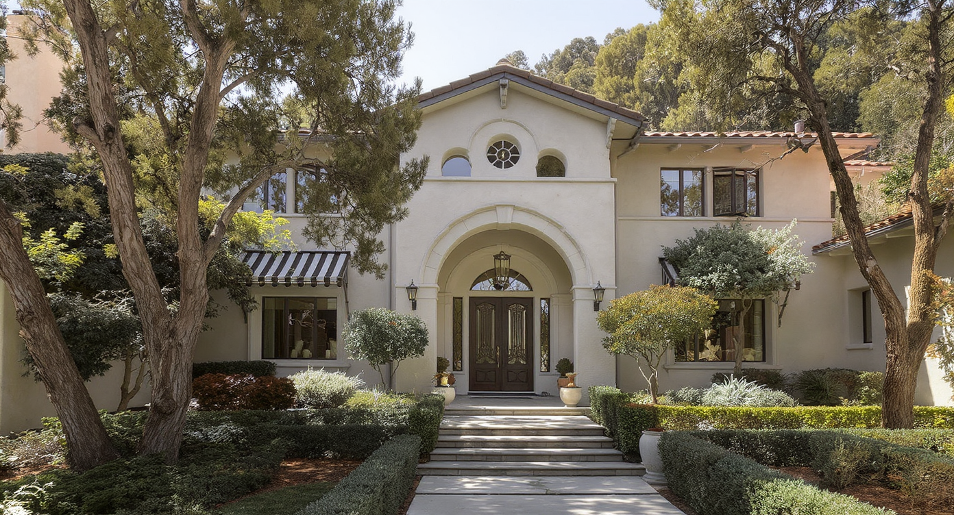 Exterior view of Diane Keaton's renovated home, showcasing architectural elegance surrounded by greenery.