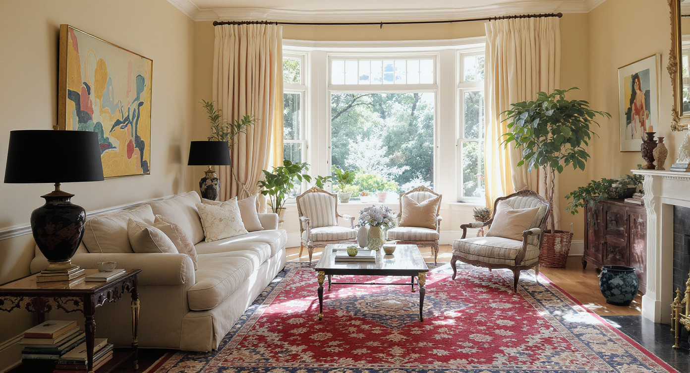 Cozy living room inside Diane Keaton's home, filled with vintage furniture and abundant natural light.