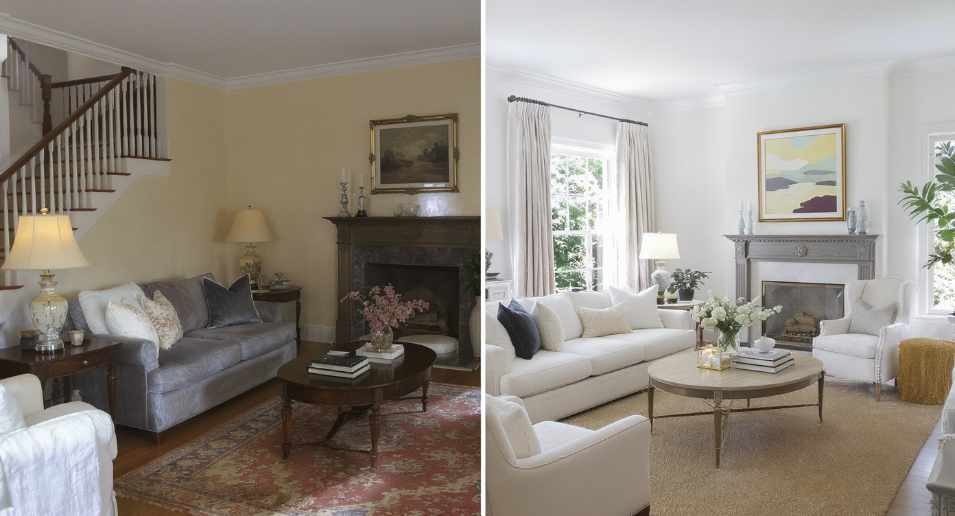 Before-and-after view of Diane Keaton's renovated living room, showcasing stylish transformation.