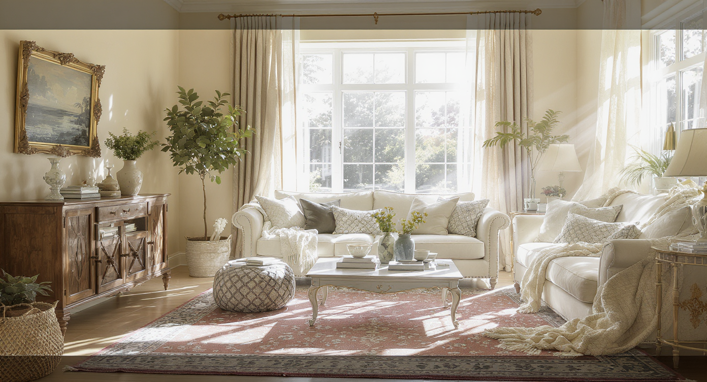 Sunlit living room with large windows, vintage furnishings, and natural plant decor, inviting ambiance.