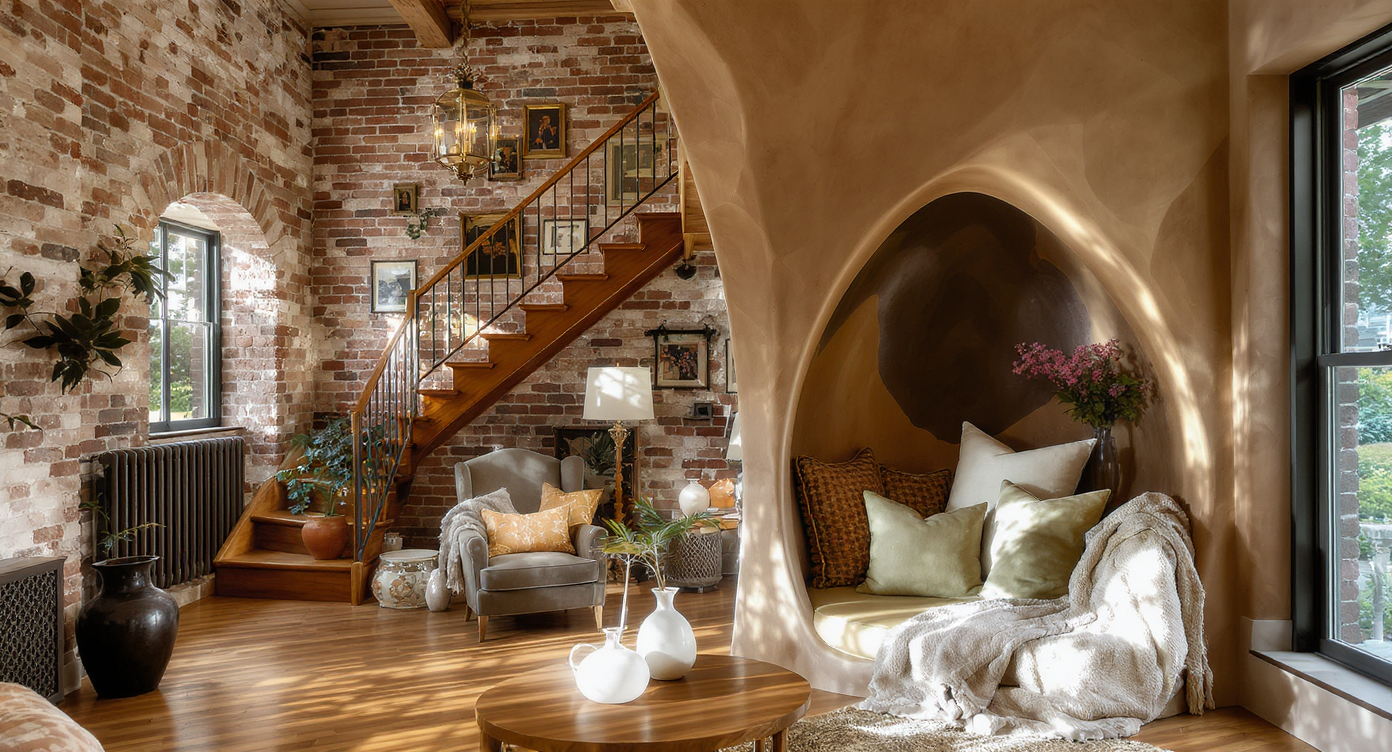 Cozy nook in Diane Keaton's home featuring reclaimed brick and vintage-inspired fixtures.