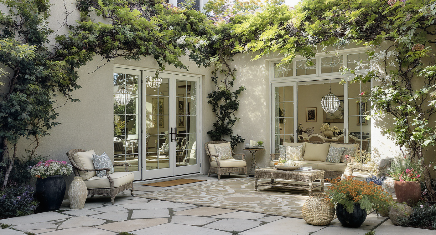 Outdoor patio area of Diane Keaton's home, showcasing greenery and a cozy inviting ambiance.