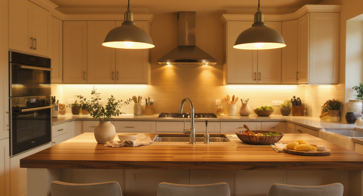 A cozy kitchen illuminated with warm lighting from pendant lamps and under-cabinet fixtures, enhancing its inviting atmosphere.