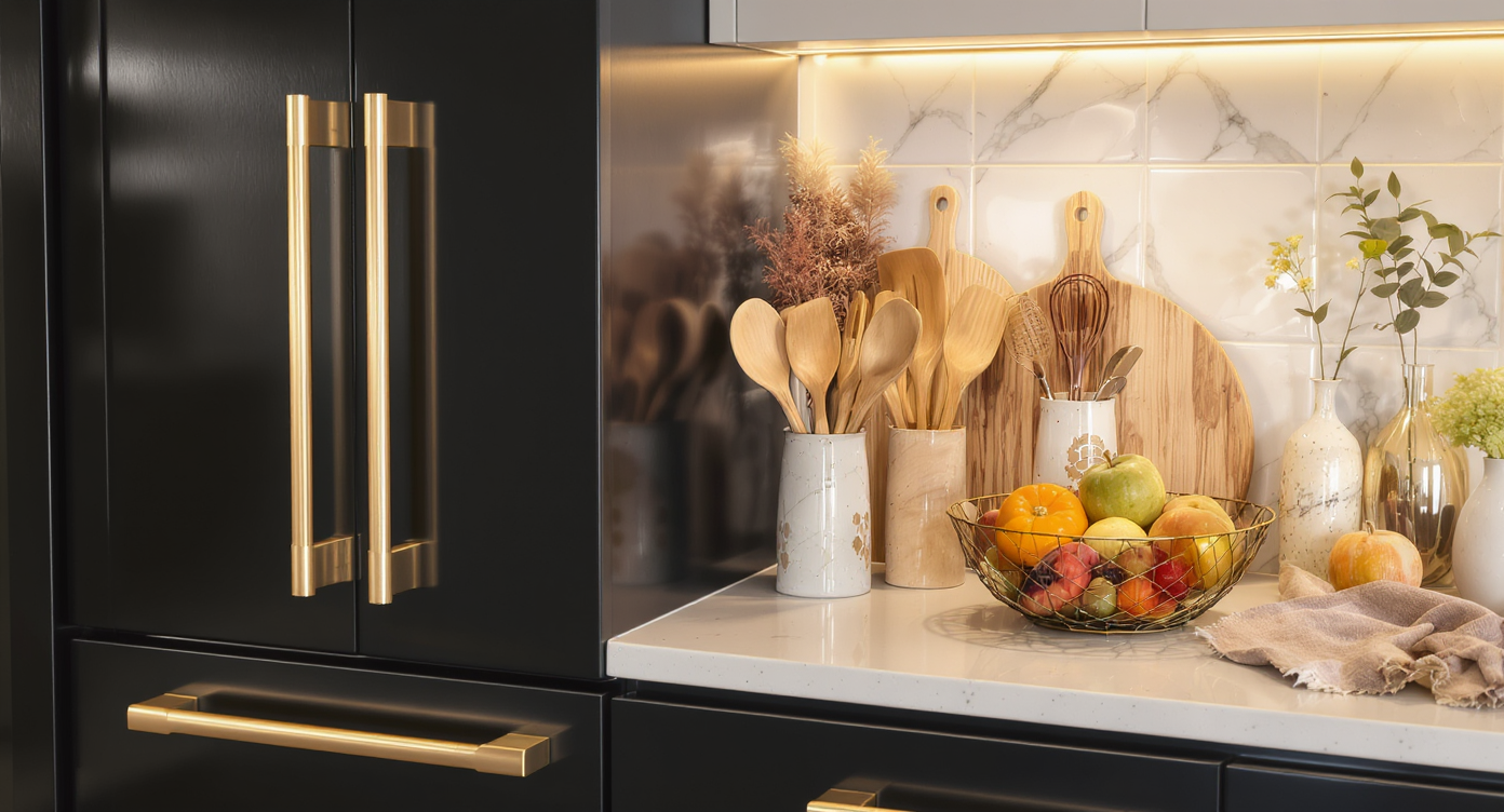 A modern kitchen with stylish accessories in brushed gold and copper, adding warmth and charm to the overall design.
