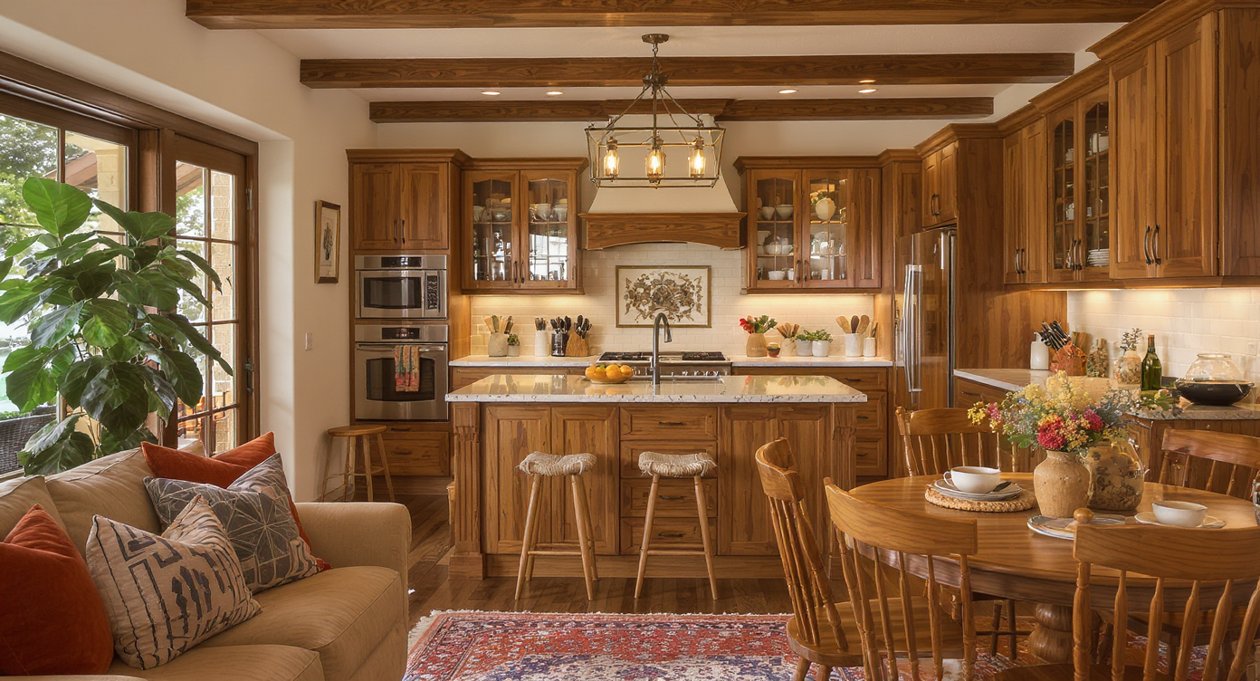 A spacious kitchen combining rustic wood and modern elements, beautifully lit to highlight a cozy family dining area.