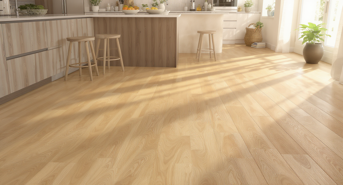 A beautiful kitchen showcasing wooden flooring and light countertops, perfectly blending with warm natural light for a cozy feel.