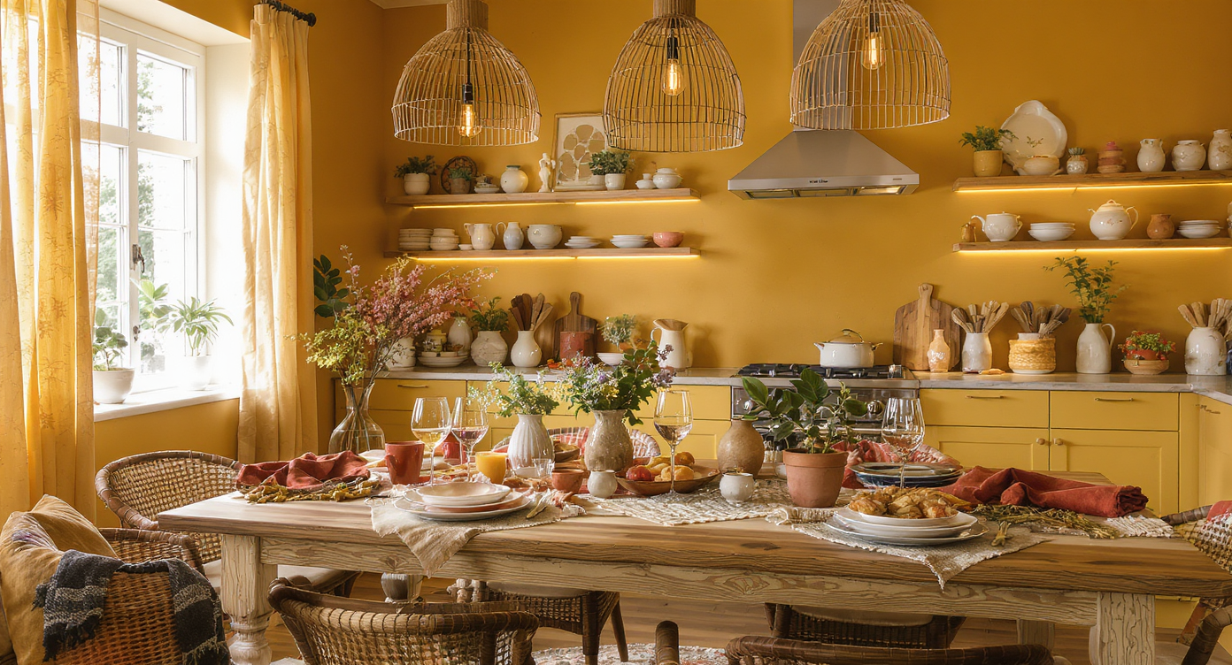 A warm and inviting kitchen with mustard yellow walls, wooden accents, and cozy textiles, perfectly designed for gatherings.