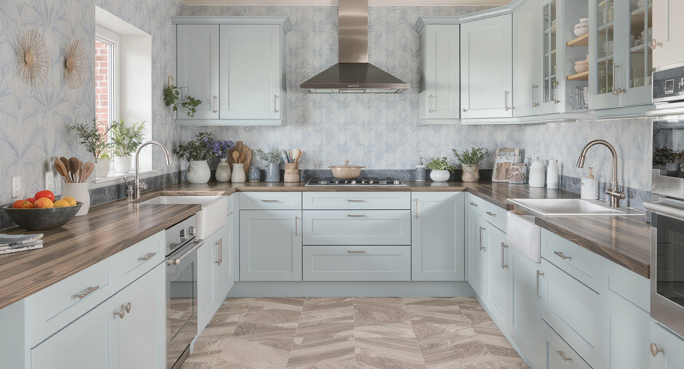 A kitchen designed with soft blue wallpaper and unique flooring, emphasizing texture and a warm atmosphere beyond paint.