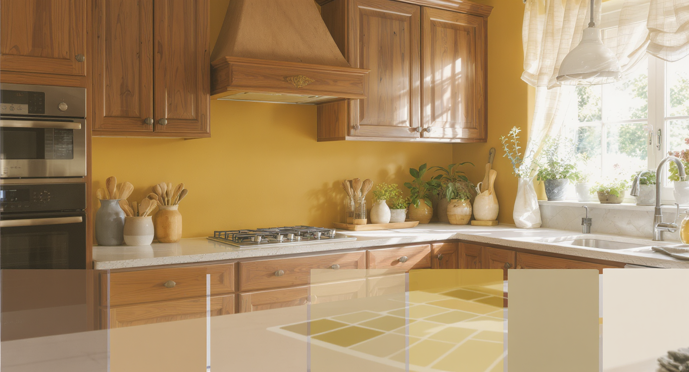 A kitchen with an earthy color palette of mustard yellow, wooden cabinets, and light fabric curtains, creating a warm ambiance.