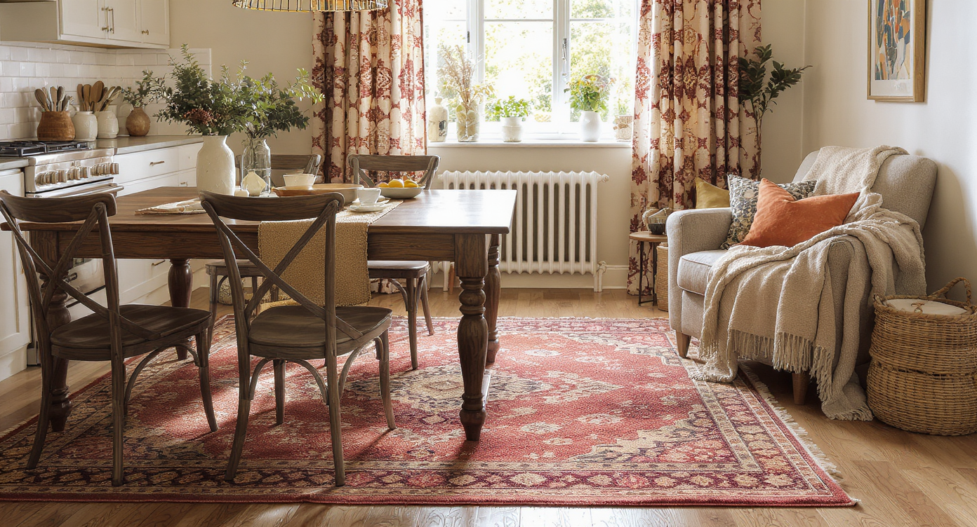 A kitchen adorned with warm textiles, including a woven rug, patterned curtains, and cushions, creating a cozy and inviting space.