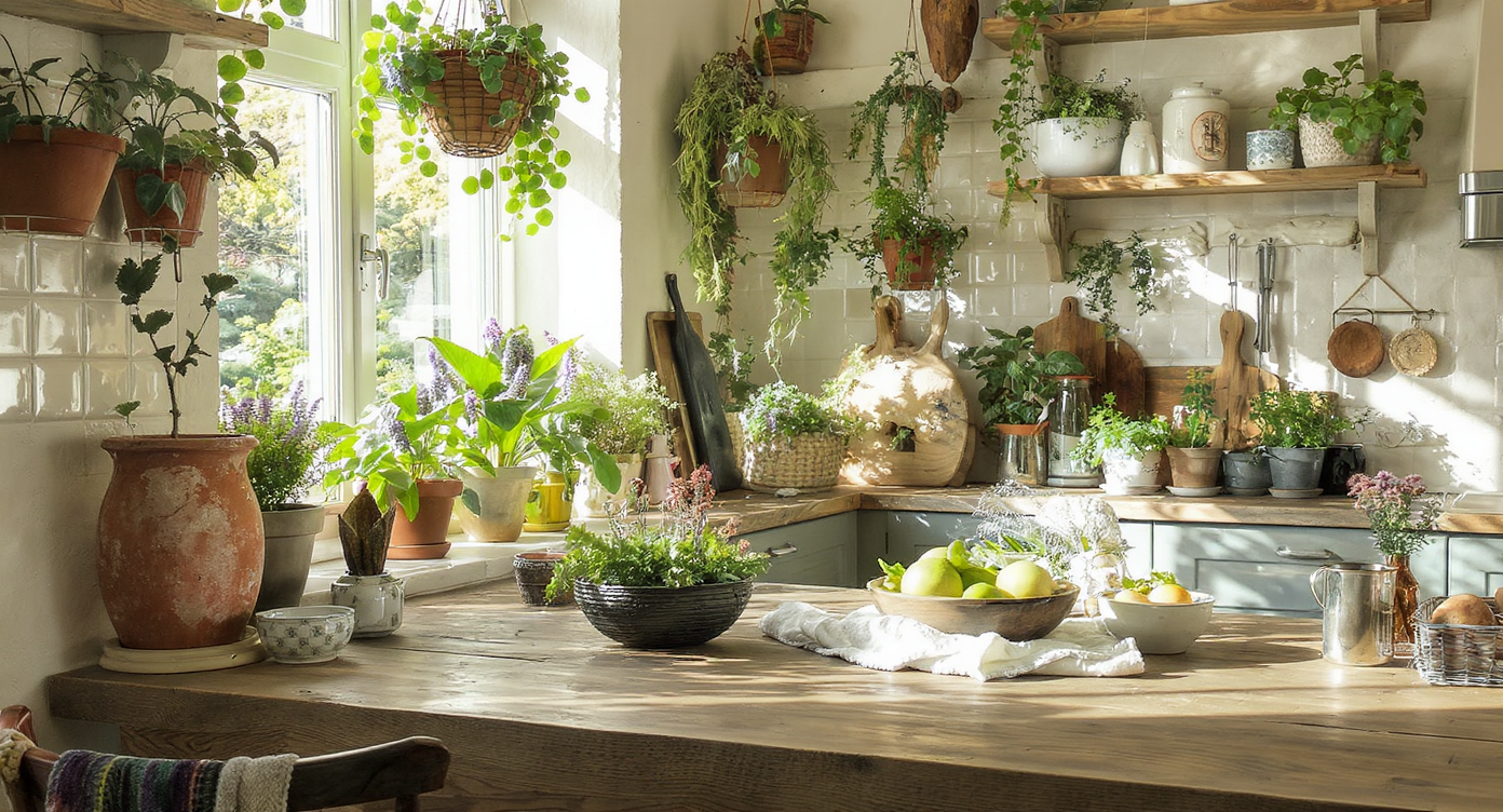 A kitchen featuring lush potted plants and herbs in terracotta pots, showcasing the integration of natural elements into design.