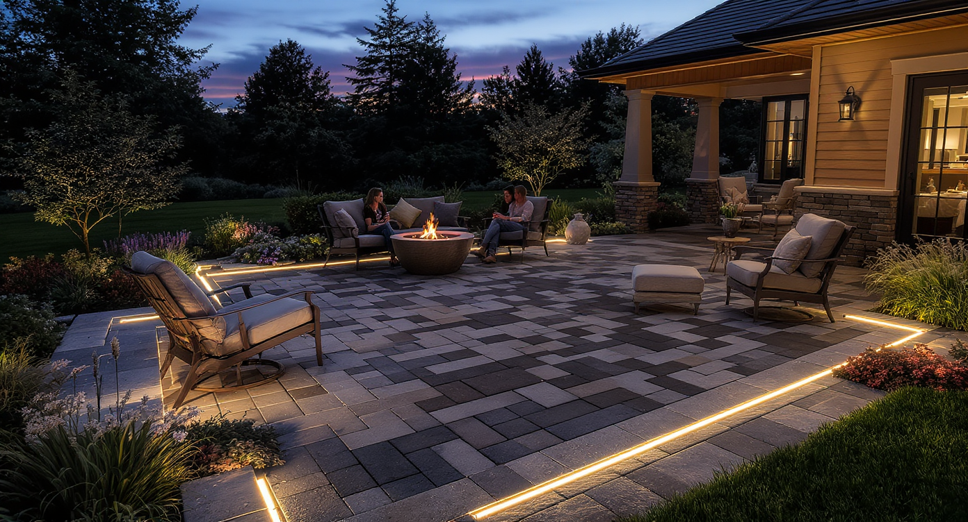 A beautifully designed dusk patio with pavers, green plants, and warm lighting from LED fixtures.