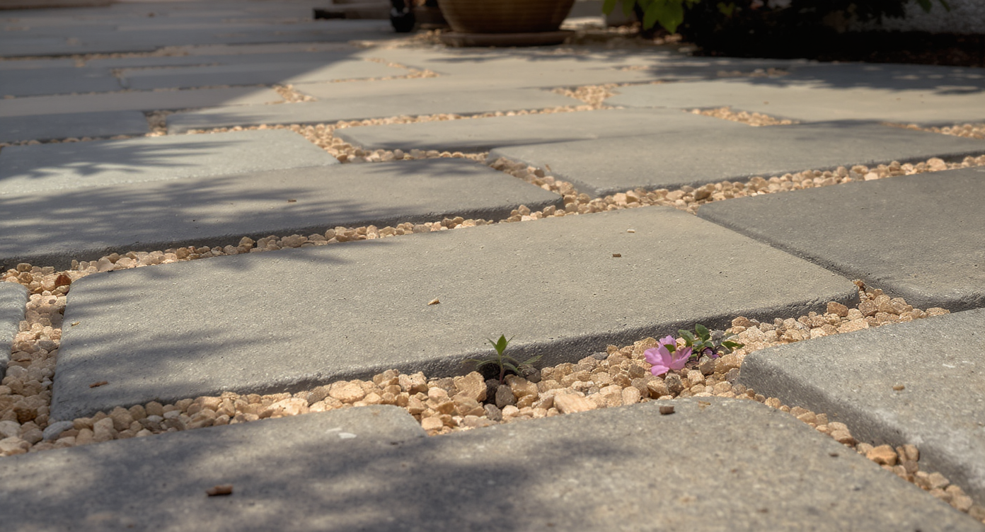 Close-up of a paver patio showing gaps filled with sand and decorative gravel and blooming plants.