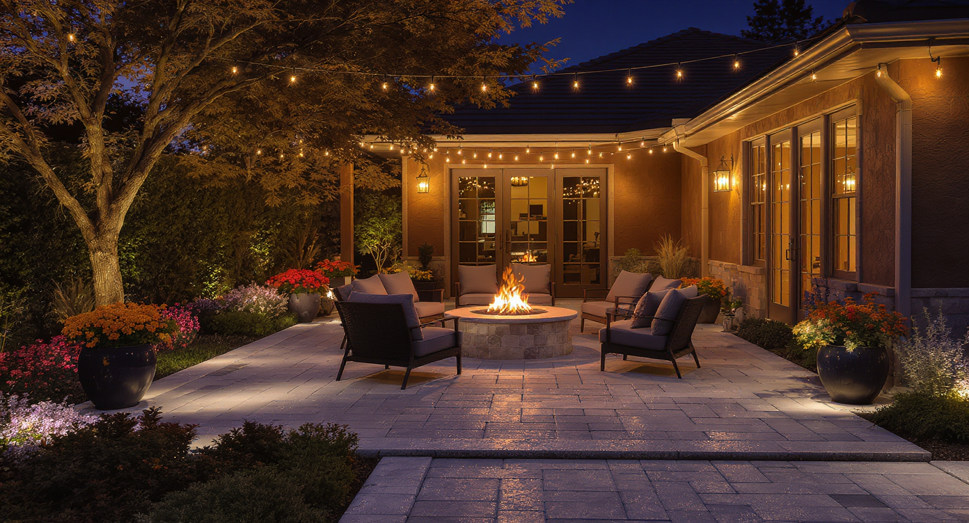 A nighttime view of a paver patio with cozy seating, fire pit, and illuminated landscaping.
