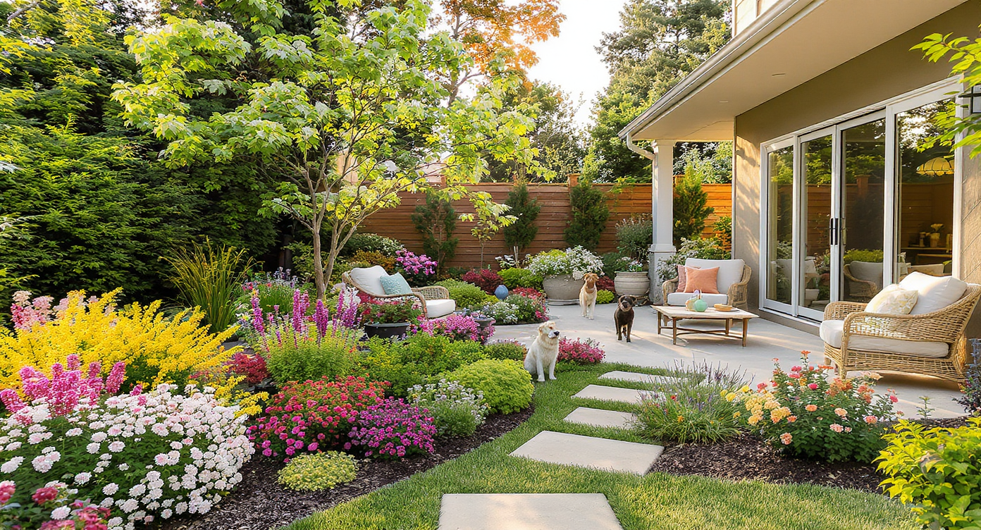 A harmonious backyard with a colorful garden, pet-safe plants, stylish seating, and a pathway ideal for dogs.