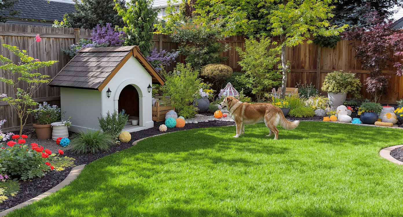 A large dog in a colorful landscaped backyard with a doghouse and toys among flowers and a garden area.