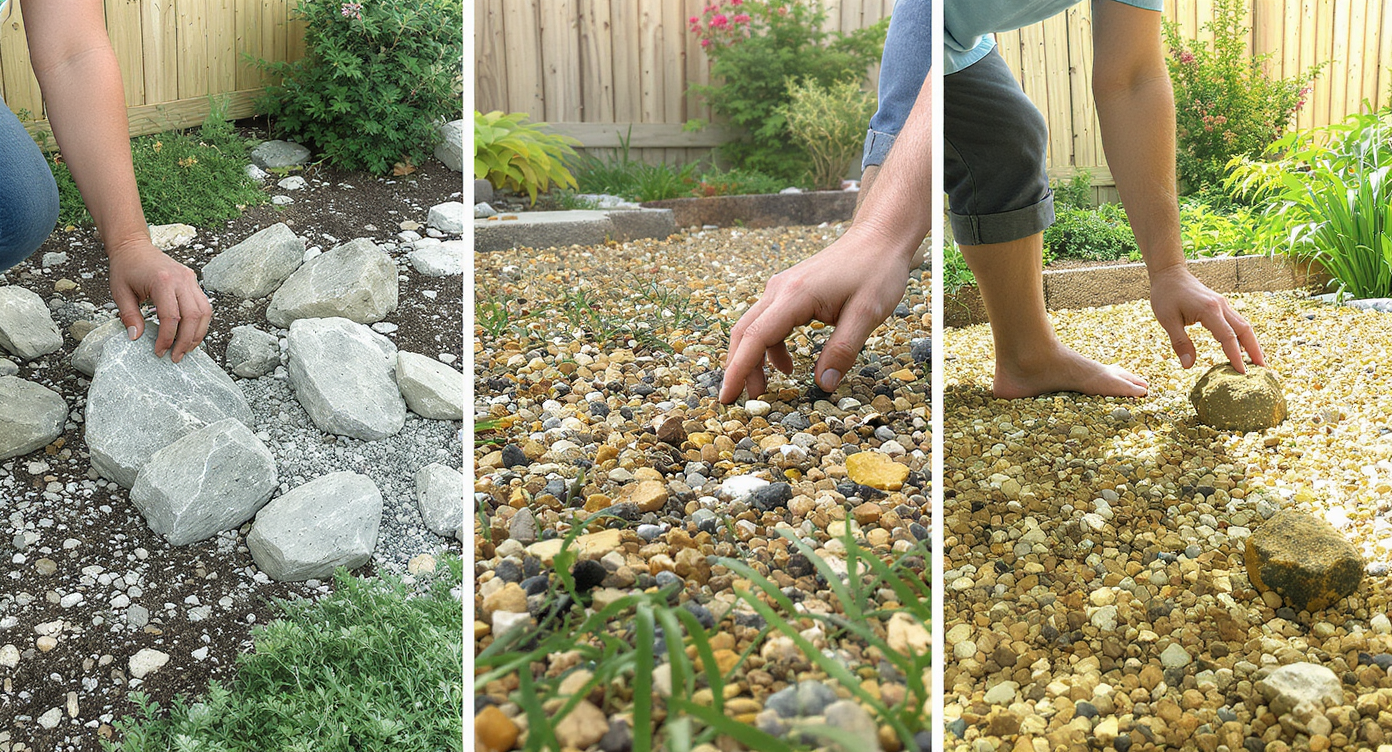 An unkempt backyard with loose rocks and unsafe landscaping mistakes alongside well-designed areas for dogs.