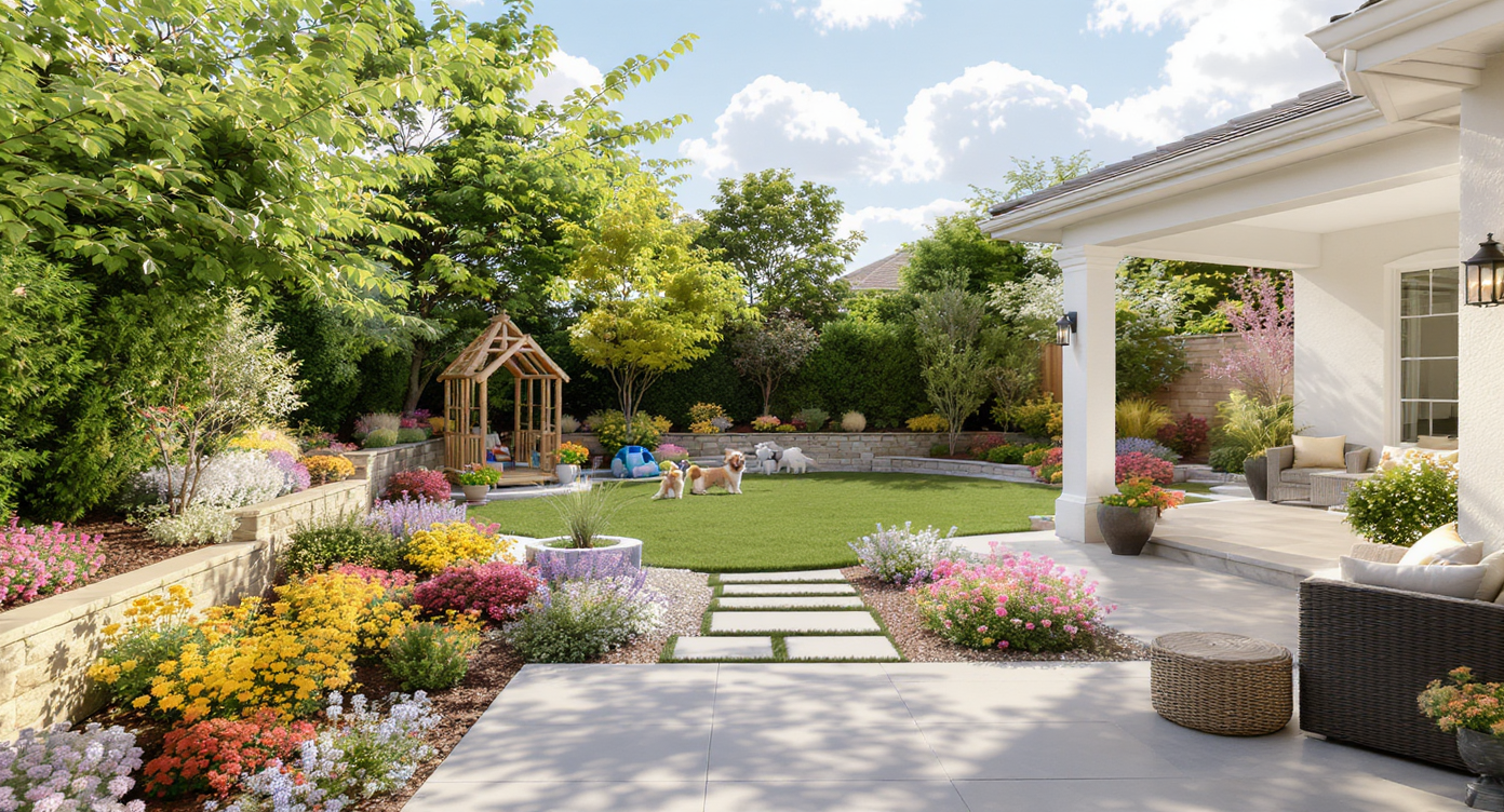 A beautifully designed backyard reflecting a harmonious integration of nature and function, ideal for dogs.