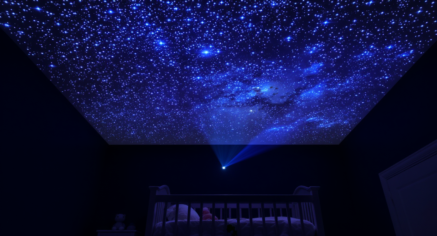Captivating starlit sky ceiling with glow-in-the-dark stars above a cozy toddler bed, providing a serene ambiance.