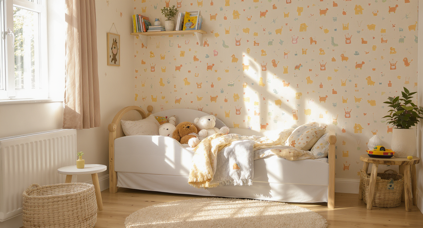 Cozy toddler corner with colorful bedding, whimsical wallpaper, and a soft rug featuring a small bookshelf and toys.