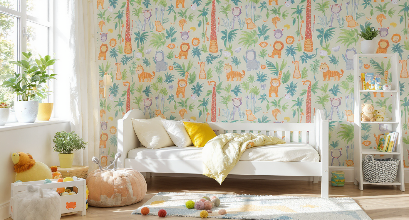 Vibrant toddler corner showcasing peel-and-stick wallpaper with jungle animals, colorful bedding, and a playful rug.