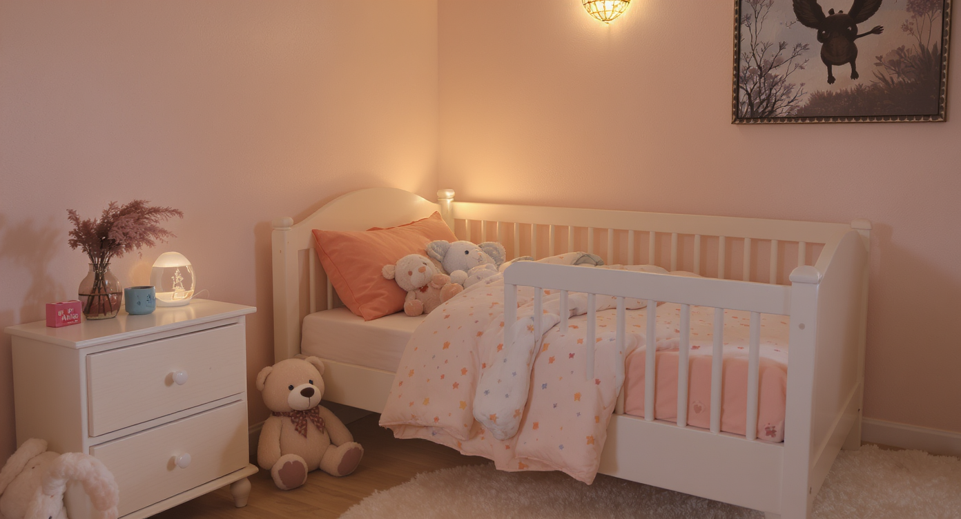Welcoming toddler bed space with pastel colors, plush toys, warm lighting, and decorative artwork on the wall.