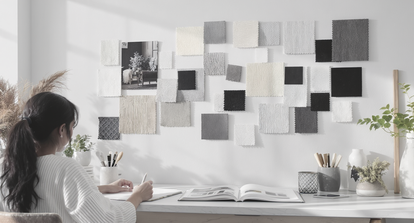 A designer's workspace filled with mood boards, fabrics, and sketches representing modern interior design.