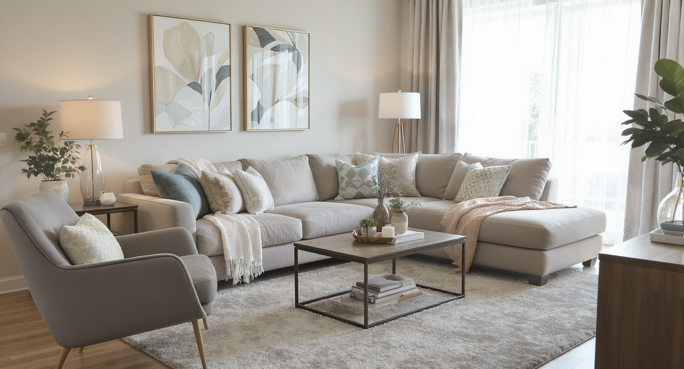 A thoughtfully arranged living room showcasing optimal furniture layout with inviting textures and lighting.