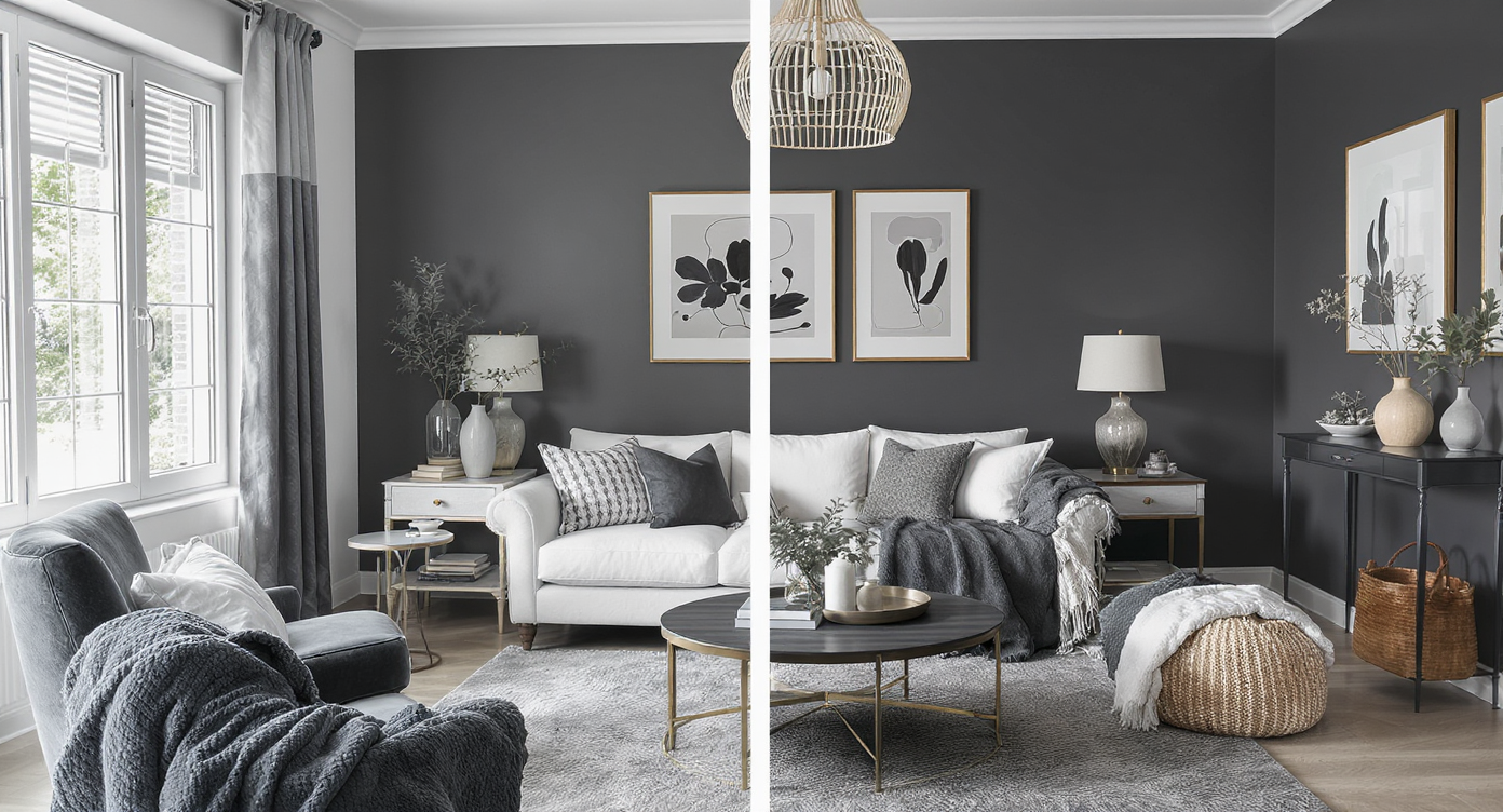 A transformation visualization board depicting a monochrome room enhanced with color and texture changes.