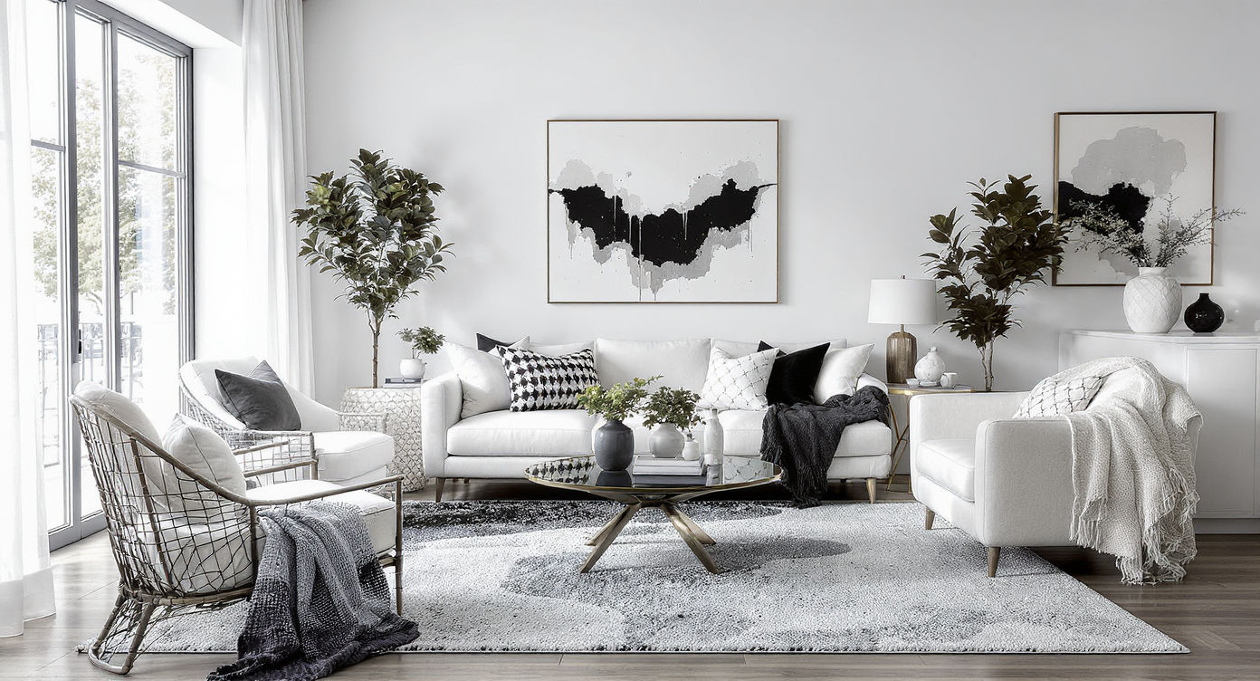 A stylish monochrome living room with plush furnishings and decor elements that add warmth and character.
