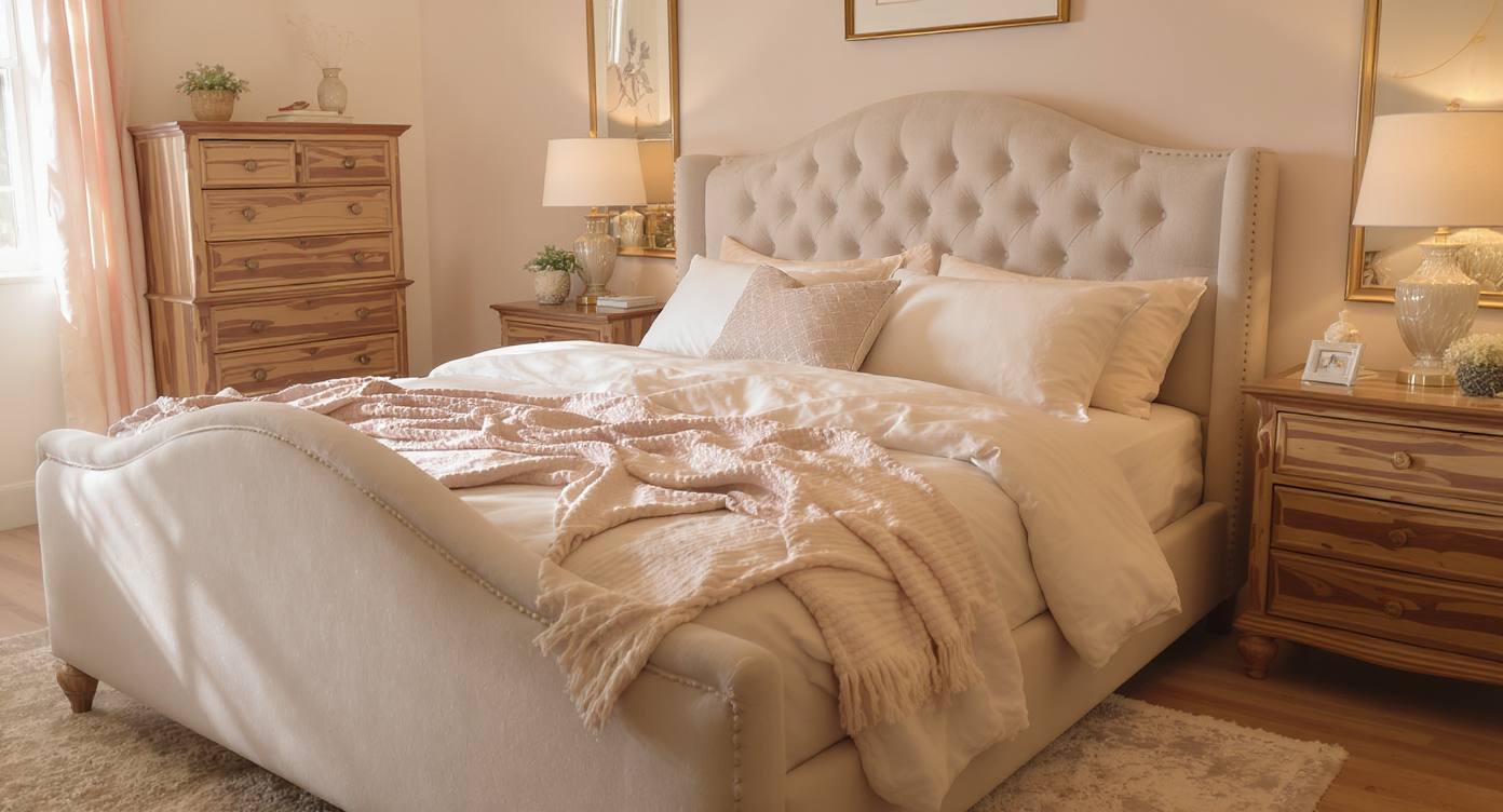 An inviting bedroom styled with a plush upholstered bed, light colors, and natural wood accents.
