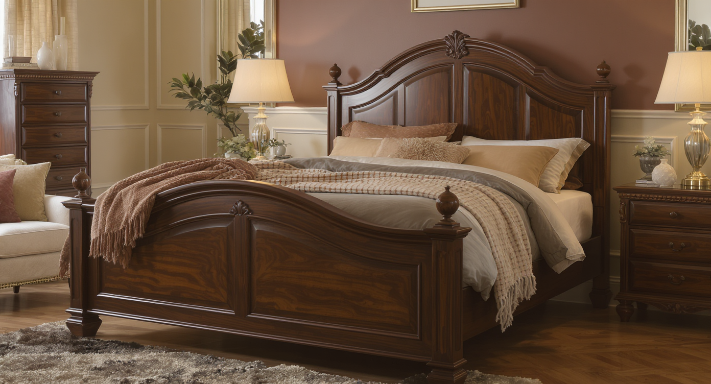 A classic wooden bed frame in a stylish bedroom, featuring rich wood finishes and elegant decor.