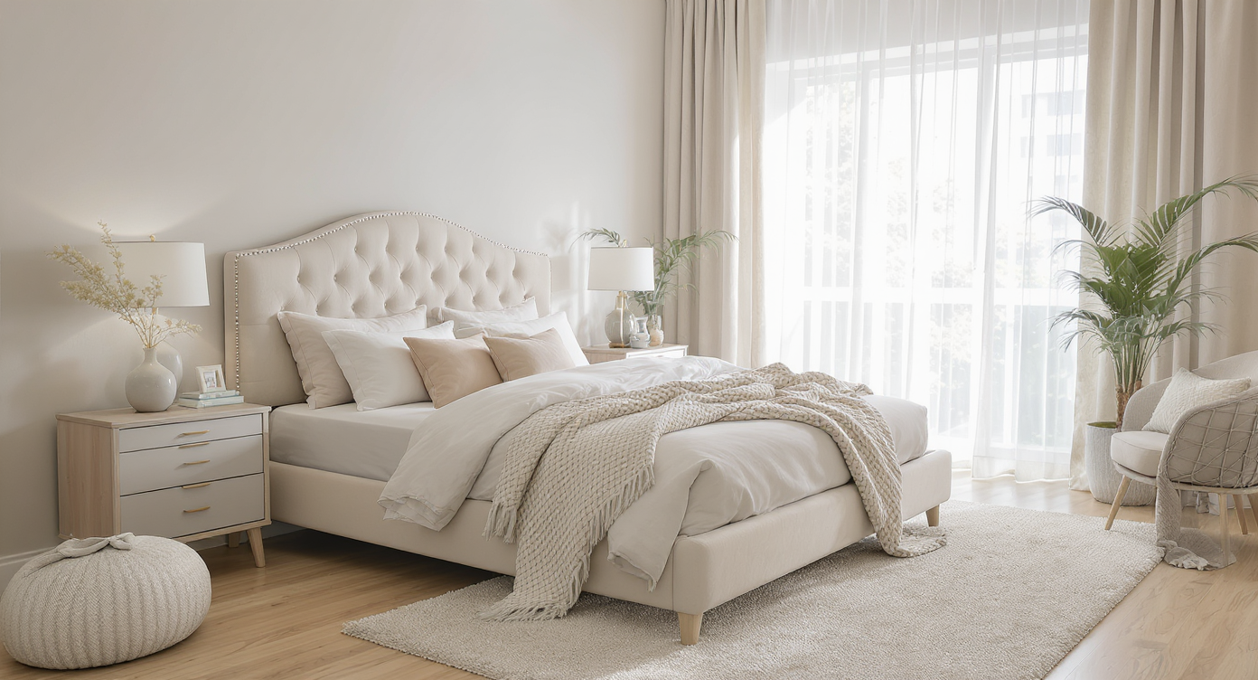 A serene bedroom depicting the perfect blend of comfort and style with plush bedding and natural light.