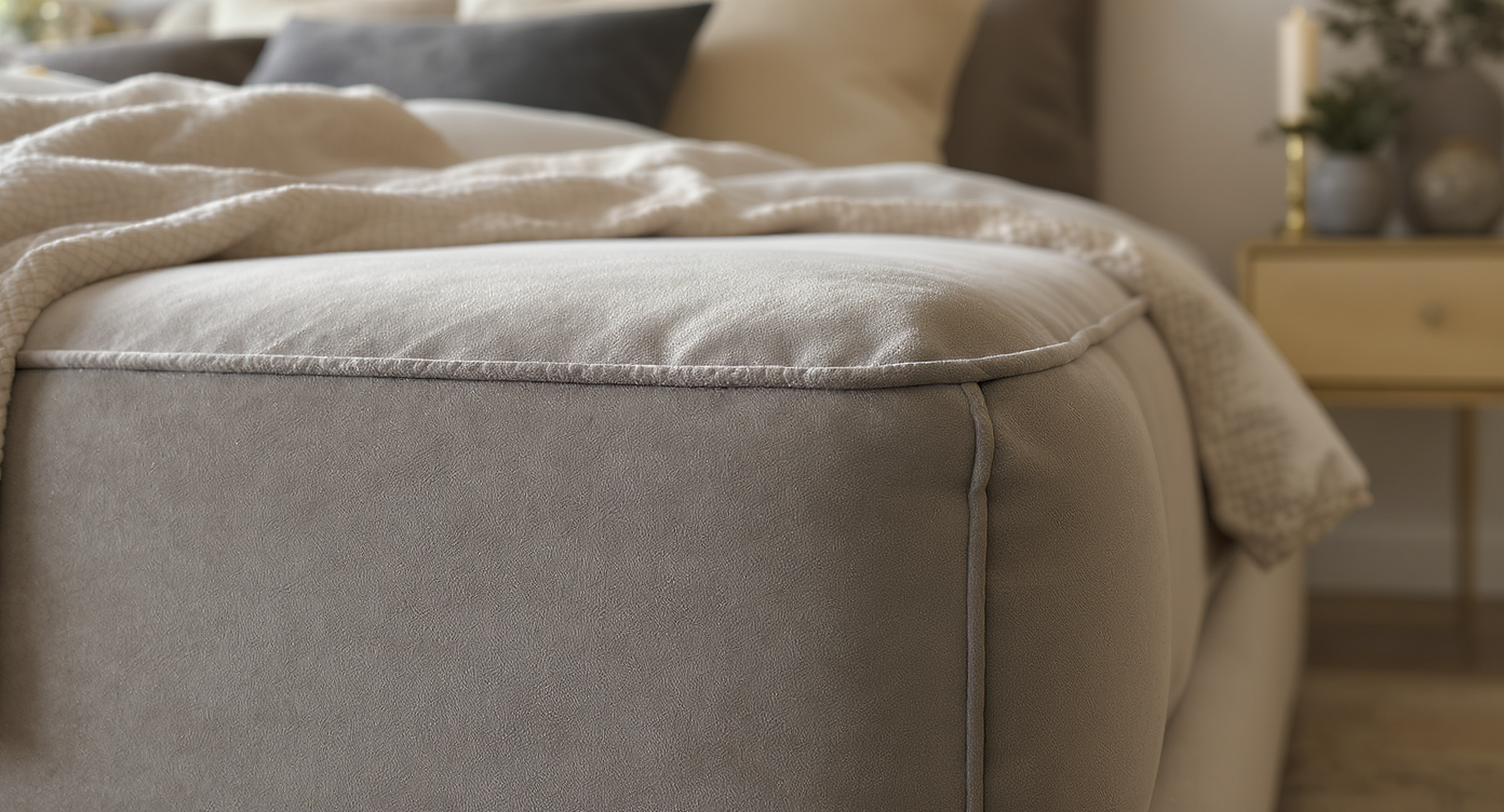 A detailed view of a plush upholstered bed frame, showcasing textures and neutral tones in a stylish bedroom.