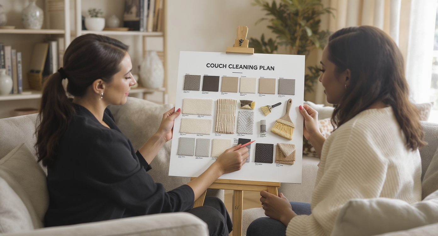 An interior designer collaborating with a homeowner over fabric cleaning plans in a stylish living room.