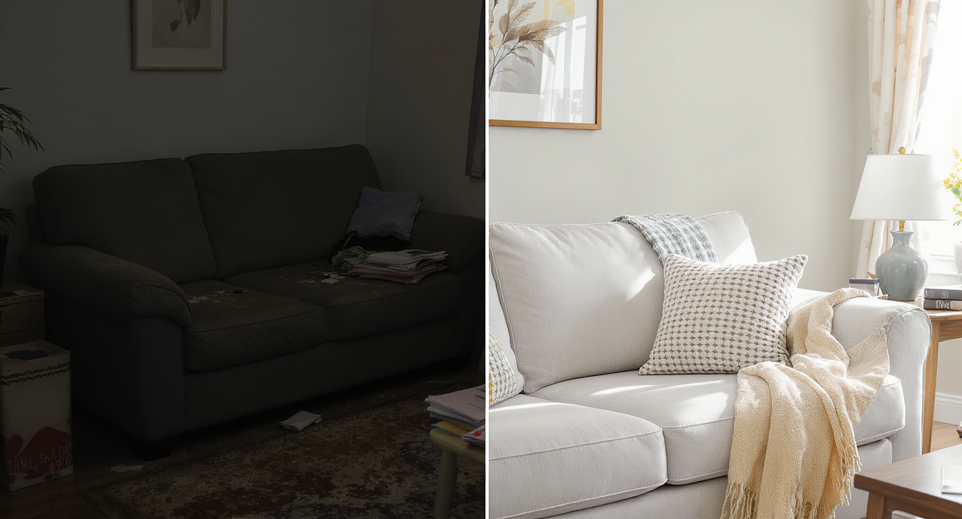 Split image comparing a neglected couch in shadow and a revitalized couch in light, showing the impact of care.