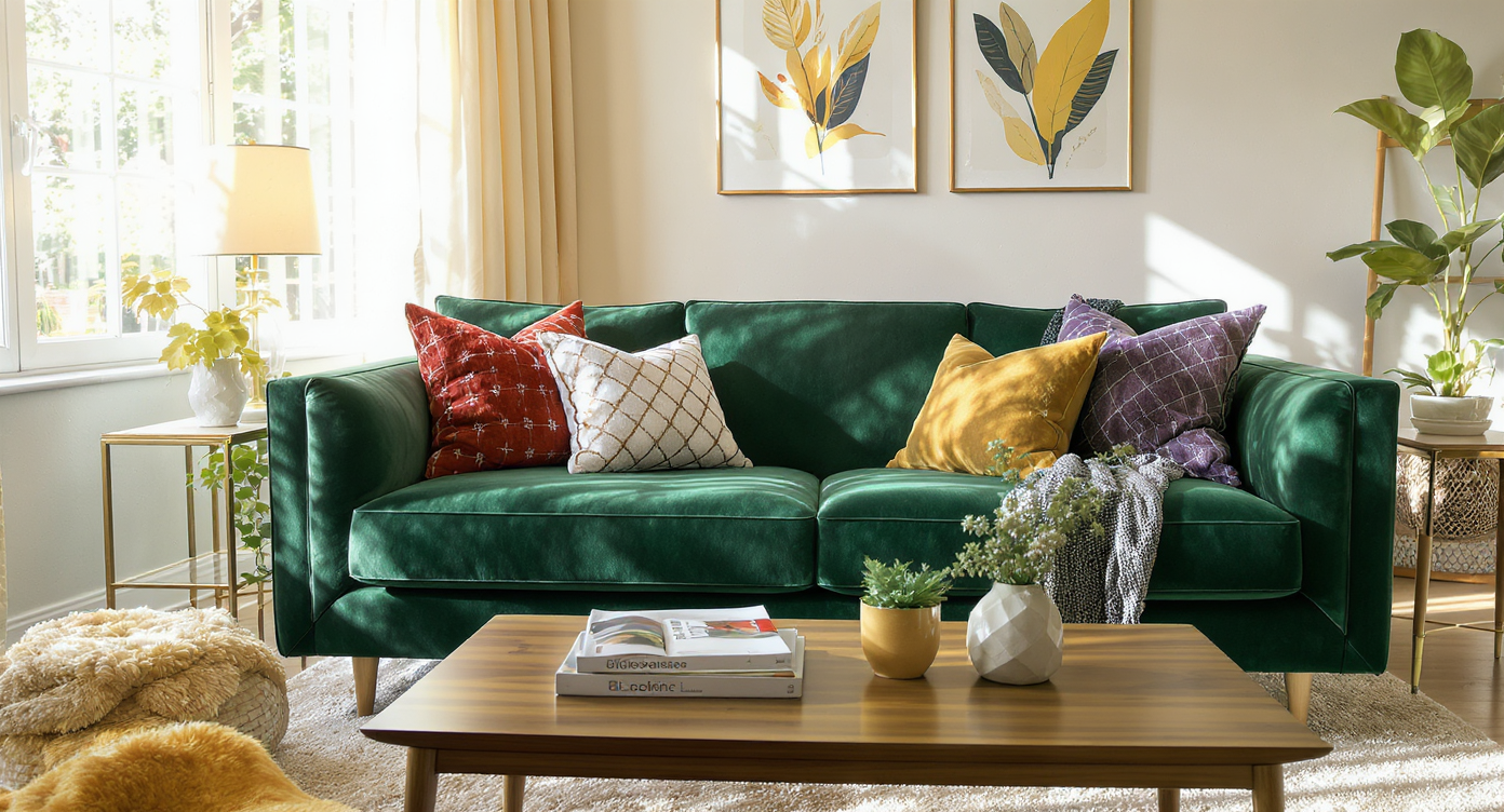 A stylish living room with a deep green couch, adorned with colorful pillows, and sunlit decor.