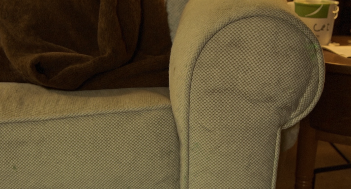 Close-up of a worn couch showing stains, set in a cozy living room environment.