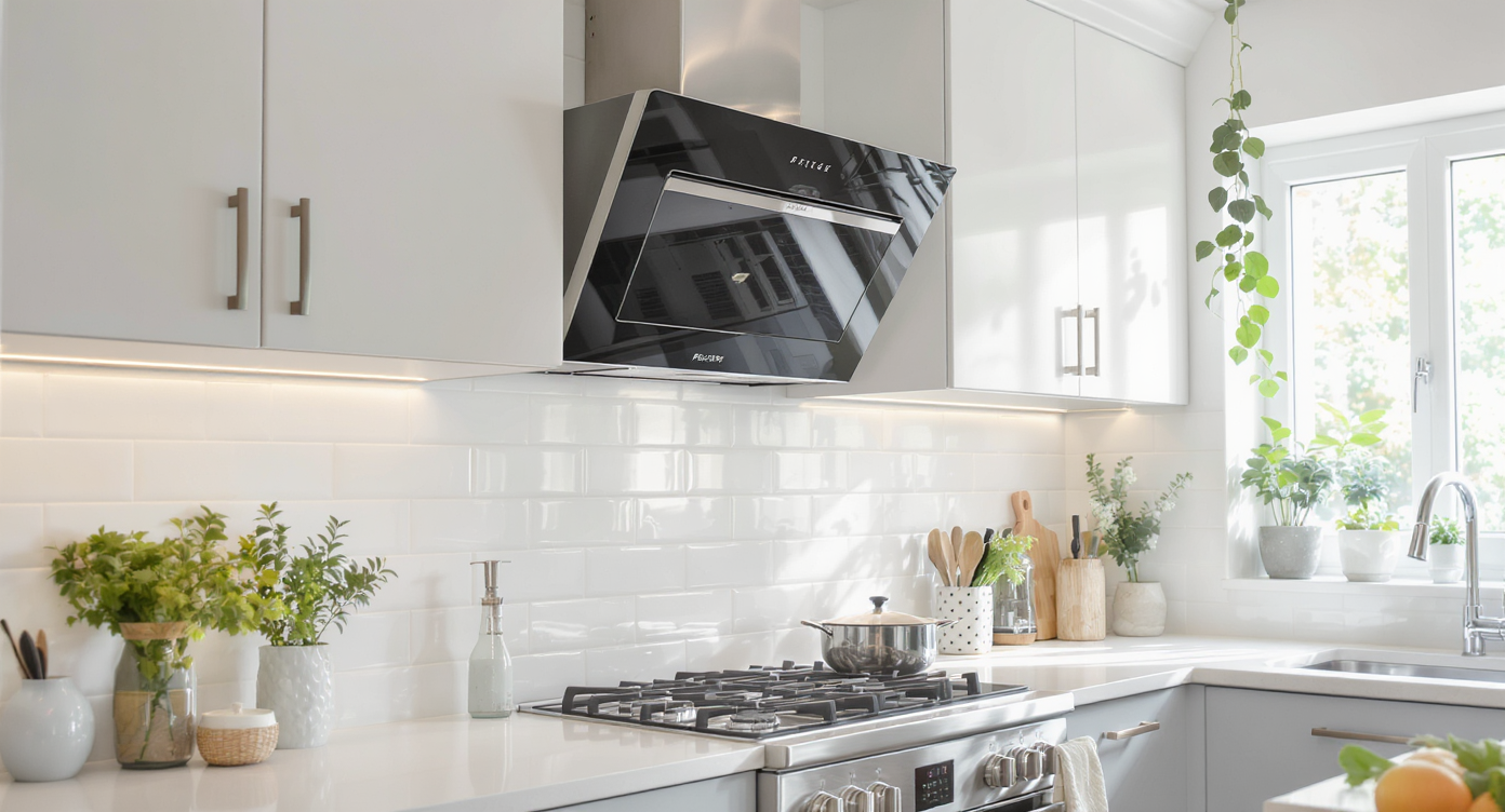 A modern kitchen with a contemporary extractor fan over a sleek stovetop, illuminated by natural light.