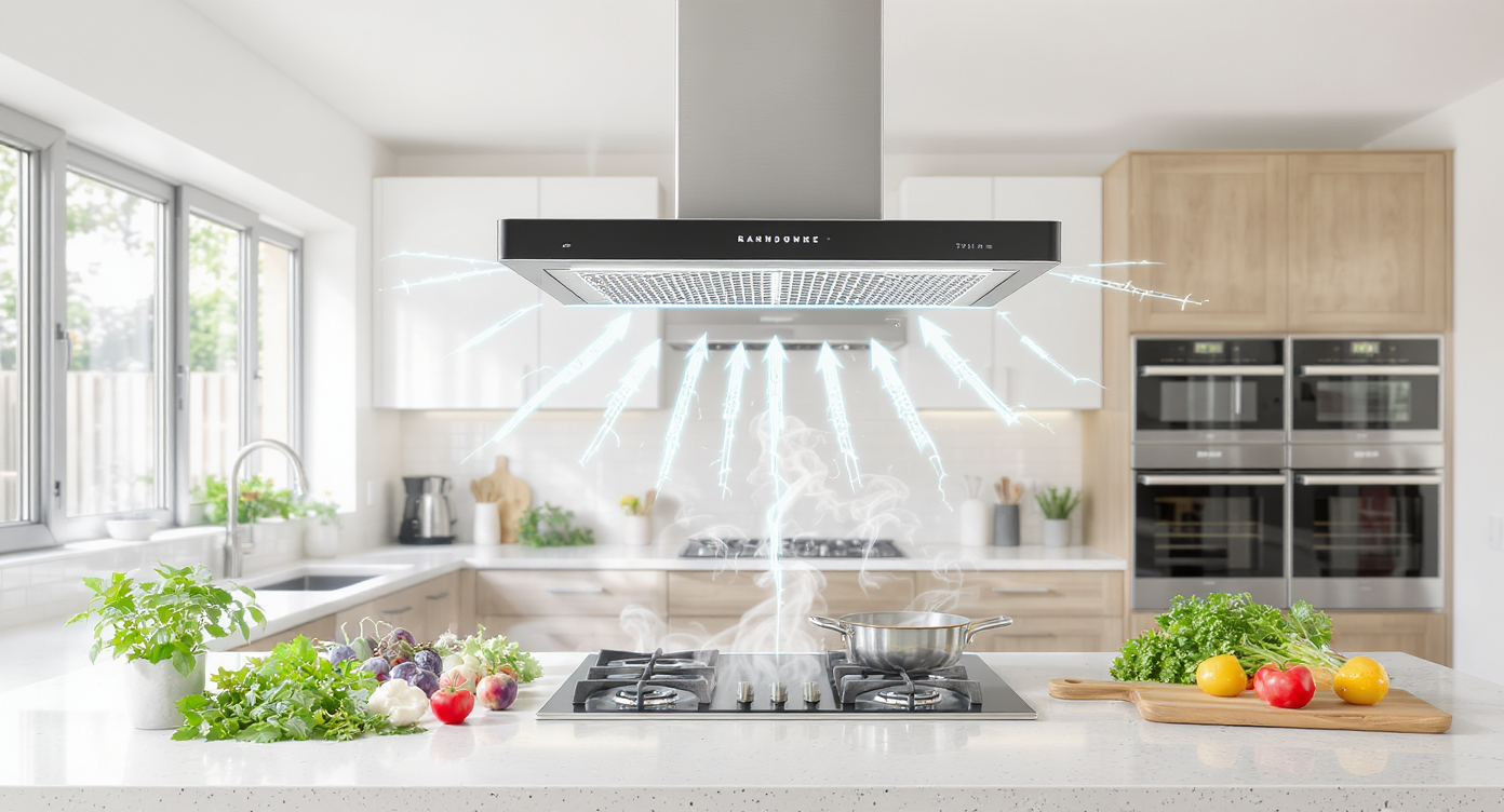 A spacious kitchen with a modern range hood, emphasizing proper ventilation and a fresh cooking environment.