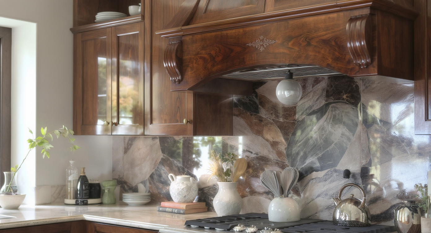A stylish kitchen showcasing a decorative range hood that complements the overall cabinetry, illuminated by natural light.