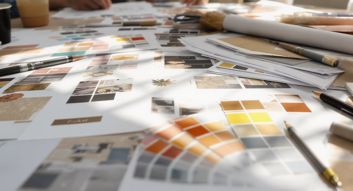 An artistic workspace with design sketches, mood boards, and fabric samples reflecting creative interior design processes.