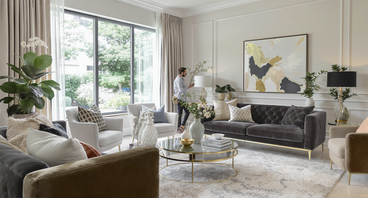 A modern living room showcasing stylish furniture and decor, with a designer and homeowner in discussion.