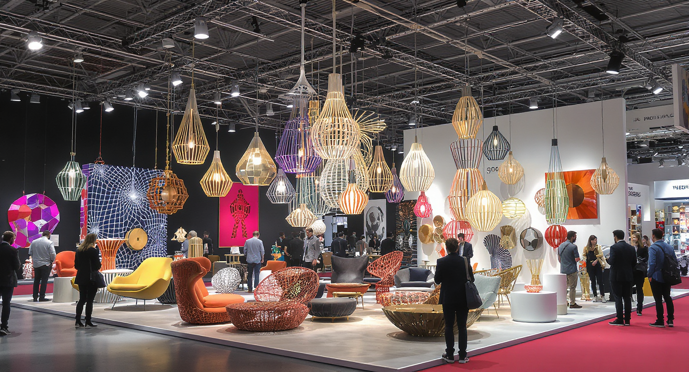 An exhibition booth showcasing innovative global furniture design with visitors engaging and discussing ideas.