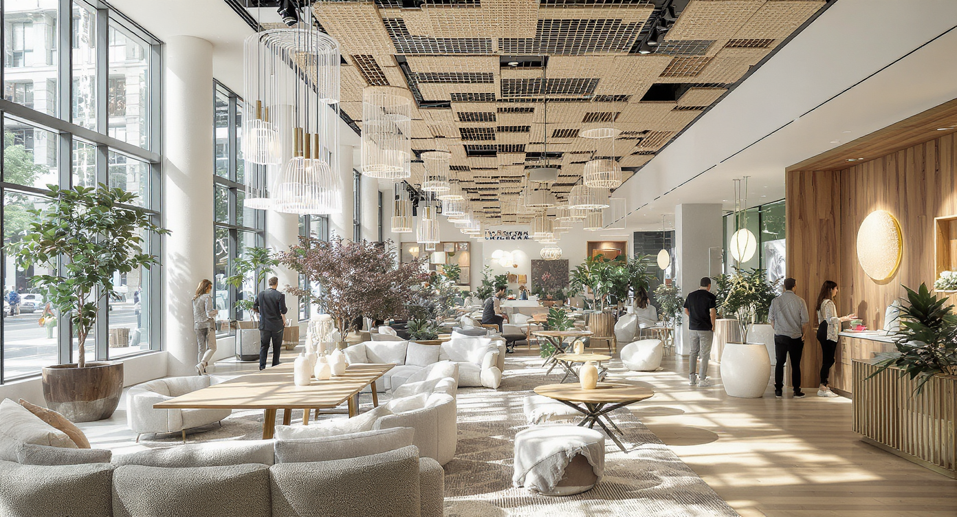 Innovative interior design solutions on display, featuring multifunctional furniture and sustainable materials in a lively environment.